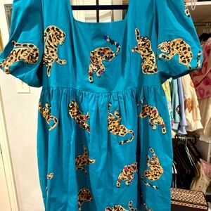 QUEEN OF SPARKLES Teal Leopard Mini Dress